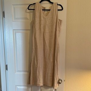 Sleeveless V-Neck Linen Blend Dress in Beige